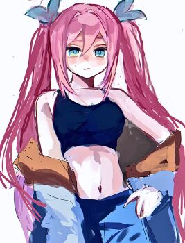 1girl alternate_hairstyle aubrey_(faraway)_(omori) aubrey_(omori) bare_shoulders black_tank_top blue_bow blue_eyes blue_pants bow breasts chromatic_aberration closed_mouth commentary_request cowboy_shot crop_top denim double-parted_bangs frown hair_between_eyes hair_bow hair_intakes hand_on_own_hip hood hood_down hooded_jacket jacket jacket_partially_removed jeans long_hair medium_breasts midriff navel omori open_clothes open_jacket orange_hood pants pink_hair sidelocks simple_background solo standing sweatdrop tank_top tokkooyaku twintails very_long_hair white_background white_jacket