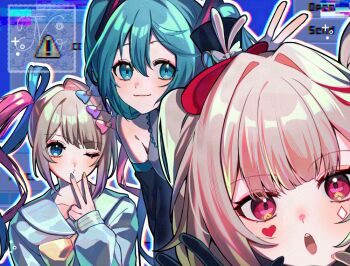 3girls aqua_eyes aqua_hair black_gloves black_hat blonde_hair blue_eyes blue_hair blue_nails blue_sailor_collar blue_serafuku blue_shirt bow chouzetsusaikawa_tenshi-chan crossover detached_sleeves diamond_(shape) diamond_facial_mark double-parted_bangs facial_mark gloves grey_shirt hair_bow hat hat_ornament hatsune_miku heart heart_facial_mark honkai:_star_rail honkai_(series) looking_at_viewer mini_hat mini_top_hat multicolored_hair multiple_girls multiple_hair_bows nail_polish needy_girl_overdose om_rm1101 one_eye_closed open_mouth pink_eyes pink_hair rabbit_hat_ornament sailor_collar school_uniform serafuku shirt smile sparkle_(honkai:_star_rail) sparxie_(honkai:_star_rail) top_hat trait_connection v vocaloid white_hair