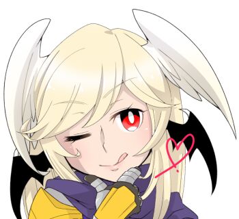 Rule 34 | 1girl, :q, black wings, blonde hair, blush, bright pupils, closed mouth, commentary request, demon wings, feathered wings, gauntlets, hand on own chin, head wings, iyofika, long hair, looking at viewer, one eye closed, portrait, purple scarf, ragnarok online, red eyes, rune knight (ragnarok online), scarf, simple background, smile, solo, tongue, tongue out, white background, white pupils, white wings, wings