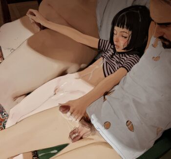 1girl 2boys cleft_of_venus cum cum_on_body diathorn facial handjob leon_the_professional loli mathilda_lando multiple_boys penis pussy realistic uncensored