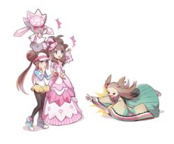 &gt;_&lt; 3girls :o ^^^ black_legwear blue_eyes bow brown_hair commentary_request diancie donut_hair_bun double_bun dress eyelashes fallen_down gen_6_pokemon hair_bun hand_on_own_chin hat hilda_(pokemon) hilda_(special_costume)_(pokemon) holding holding_poke_ball huan_li japanese_clothes jasmine_(pokemon) jasmine_(special_costume)_(pokemon) kimono legendary_pokemon multiple_girls mythical_pokemon nintendo official_alternate_costume open_mouth pantyhose pantyhose_under_shorts pink_bow pink_dress pink_headwear poke_ball poke_ball_(basic) pokemon pokemon_(creature) pokemon_bw2 pokemon_masters_ex raglan_sleeves rosa_(pokemon) sandals shoes short_shorts shorts sneakers standing stroking_own_chin tongue twintails visor_cap white_background yellow_shorts
