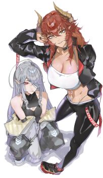 Rule 34 | 2girls, ahoge, baggy pants, bare shoulders, black jacket, black shirt, breasts, cleavage, cleavage cutout, clothing cutout, commentary, dragon, dragon girl, dragon horns, elbow gloves, english commentary, eyepatch, general geega, gloves, grey hair, highres, horns, jacket, large breasts, long hair, looking at viewer, lowleg, lowleg pants, multiple girls, pants, pointy ears, red eyes, red hair, shirt, sleeplessrhythm, smile, sports bra, squatting, tan, tight clothes, tight pants, toothpick, virtual youtuber, vshojo, white background, white sports bra, yellow eyes, zentreya, zentreya (dragon)