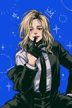 Rule 34 | 1girl, artist name, biting, biting glove, black gloves, black jacket, black necktie, black pants, blonde hair, blue background, breasts, commentary, cowboy shot, crown (symbol), emily armstrong, english commentary, gloves, grey hair, highres, jacket, linkin park, long sleeves, looking at viewer, medium hair, multicolored hair, necktie, noriuma, pants, real life, roots (hair), shirt, single off shoulder, sitting, smile, solo, spread legs, star (symbol), suit jacket, twitter username, white shirt
