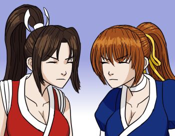 2girls andiasrakhman bare_shoulders breasts brown_hair choker cleavage closed_eyes crossover dead_or_alive fatal_fury fatal_fury:_city_of_the_wolves female_focus hair_ribbon highres kasumi_(doa) large_breasts long_hair multiple_girls ninja ponytail ribbon shiranui_mai short_sleeves sleeveless street_fighter street_fighter_6 the_king_of_fighters trait_connection white_choker yellow_ribbon