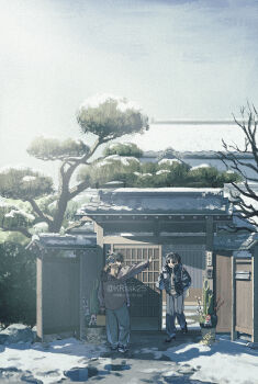 2boys artist_name bag bare_tree black_jacket brown_hair brown_jacket closed_eyes commentary facing_viewer full_body grey_pants hands_in_pockets happy highres holding holding_bag jacket kadomatsu male_focus mi_(pic52pic) multiple_boys nameplate original outdoors pants scarf scenery short_hair snow tree twitter_username watermark