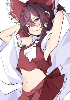 1girl absurdres armpits ascot blush bow breasts brown_hair commentary_request detached_sleeves frilled_bow frilled_hair_tubes frilled_skirt frills hair_bow hair_tubes hakurei_reimu highres long_hair looking_at_viewer midriff navel pleated_skirt red_bow red_eyes red_skirt ribbon-trimmed_sleeves ribbon_trim sideboob skirt skirt_set solo sweat touhou unanooo_(fthx7532) white_ascot