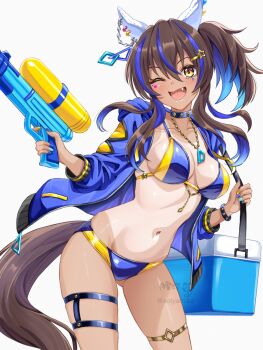 1girl animal_ears bikini blue_background blue_jacket blue_streaks blush breasts cleavage daitaku_helios_(umamusume) ear_covers highres holding holding_water_gun horse_ears horse_girl horse_tail jacket long_hair looking_at_viewer medium_breasts multicolored_bikini navel one-piece_tan open_clothes open_jacket open_mouth side_ponytail simple_background smile solo swimsuit tail tan tanline thigh_strap tsukiyuki_mike two-tone_bikini umamusume water_gun white_background yellow_bikini yellow_eyes