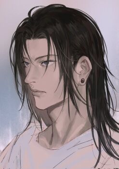 Rule 34 | 1boy, black eyes, black hair, closed mouth, commentary, ear piercing, expressionless, getou suguru, hair undone, highres, jujutsu kaisen, lips, long sleeves, male focus, ndsoda, nose, piercing, plug (piercing), shirt, signature, solo, white shirt