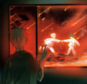 Rule 34 | 2boys, aged down, alien stage, barefoot, black shirt, flanpu, hand on window, holding hands, ivan (alien stage), long sleeves, male focus, meteor shower, multiple boys, open mouth, pants, red sky, shirt, sky, smile, till (alien stage), white pants, white shirt, window