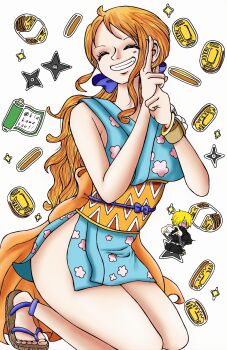 1boy 1girl ^_^ blonde_hair blue_kimono blue_ribbon bracelet closed_eyes commentary hair_ribbon heart heart-shaped_eyes highres japanese_clothes jewelry kiakawatsuji kimono log_pose money nami_(one_piece) nami_(one_piece)_(wano) ninja obi one_piece orange_hair orange_sash ponytail ribbon sandals sanji_(one_piece) sash short_kimono shuriken side_slit simple_background single_sidelock sleeveless sleeveless_kimono smile sparkle symbol-only_commentary weapon