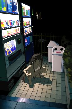 1girl after_masturbation ahoge bar_censor barefoot black_hair bright_pupils censored commentary_request completely_nude dark exhibitionism flat_chest highres loli long_hair nervous_smile night nude open_mouth outdoors public_indecency pussy_juice pussy_juice_on_fingers pussy_juice_trail ri-el shadow smile solo squatting tachikawa_nobuo tile_floor tiles trash_can ts_loli_oji-san_no_boukan vending_machine very_long_hair webp-to-png_conversion white_pupils