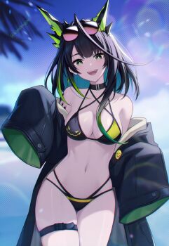 1girl :d arknights bikini breasts collar collarbone commentary english_commentary fangs green_eyes highres konekogou looking_at_viewer medium_breasts mon3tr_(arknights) multicolored_hair navel open_mouth smile sunglasses swimsuit thigh_strap