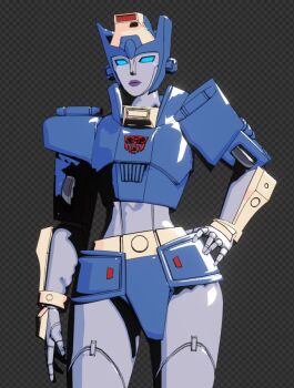 1girl 3d andypurro autobot blender_(medium) blue_eyes blue_panties chromia hand_on_own_hip helmet humanoid_robot narrow_waist panties robot robot_girl solo transformers transformers:_generation_1 underwear