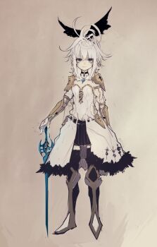 ahoge armor black_boots boots breasts closed_mouth commentary_request cross cross_necklace dress fantasy fashion frills full_body gloves grey_background grey_eyes hair_between_eyes hair_ornament highres holding holding_sword holding_weapon jewelry looking_at_viewer necklace original pale_skin parted_bangs riuichi shoulder_armor shoulder_pads simple_background small_breasts solo standing sword weapon white_dress white_hair wings