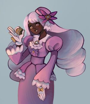 1girl ascot cowboy_shot dark-skinned_female dark_skin dress fascinator frilled_ascot frilled_sleeves frills gloves gold_ring highres holding holding_poke_ball jacinthe_(pokemon) juliet_sleeves lips long_hair long_sleeves looking_at_viewer luxury_ball nintendo parted_lips poke_ball pokemon pokemon_legends:_z-a puffy_sleeves purple_dress purple_eyes purple_hair quisquiliaa smile solo very_dark_skin white_gloves