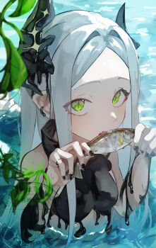 1girl absurdres black_horns black_liquid black_nails breasts eating fang fish forehead goddess_of_victory:_nikke green_eyes grey_hair highres horns leviathan_(nikke) liquid_clothes long_hair looking_at_viewer natuiroillust12 open_mouth partially_submerged plant pointy_ears shiny_eyes skin_fang small_breasts water