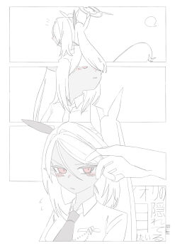 1girl :/ absurdres adjusting_another's_hair blank_speech_bubble blue_archive blush closed_mouth dark-skinned_female dark_skin demon_tail disembodied_hand embarrassed flying_sweatdrops glaring greyscale hair_between_eyes hair_ribbon highres iori_(blue_archive) long_hair long_pointy_ears looking_at_viewer monochrome multiple_views muted_color necktie outside_border pointy_ears red_eyes ribbon sequential signature speech_bubble spot_color swept_bangs tail translation_request twintails w_wakase