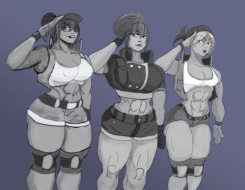 3girls acevedus breasts eri_kasamoto fio_germi glasses hat huge_breasts kasamoto_eri large_breasts leona_heidern long_hair looking_at_viewer metal_slug military multiple_girls pants ponytail round_eyewear standing the_king_of_fighters thick_thighs thighs