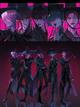 5boys abby_(kpop_demon_hunters) absurdres baby_(kpop_demon_hunters) black_hanbok body_markings commentary demon fangs fingernails full_body gat_(hat) hair_between_eyes hair_over_one_eye hanbok hat highres jewelry jinu_(kpop_demon_hunters) korean_clothes kpop_demon_hunters long_fingernails looking_at_viewer male_focus masa_ashe medium_hair multiple_boys multiple_views mystery_(kpop_demon_hunters) open_mouth pink_hair purple_hair ring romance_(kpop_demon_hunters) short_hair yellow_eyes