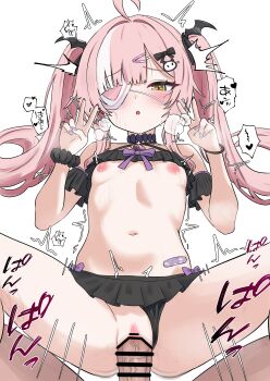 1boy 1girl absurdres ahoge azur_lane bar_censor bikini bikini_bottom_aside breasts censored clothing_aside commission eyepatch hetero highres loli missionary nipples oldsickkim penis pink_hair pixiv_commission sex small_breasts swimsuit twintails v vaginal yellow_eyes z47_(azur_lane)