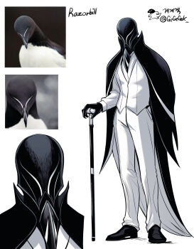 1boy absurdres animal artist_name artist_self-insert beak bird black_cape black_mask black_shoes cane cape creature_and_personification english_text faceless facing_viewer full_body gecko gegegekman hand_on_cane highres mask multiple_views original pants personification photo-referenced razorbill razorbill_(gegegekman) reference_photo shirt shoes simple_background tailcoat vest waistcoat white_background white_pants white_shirt