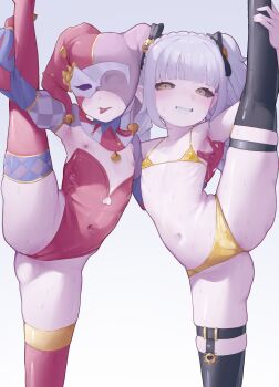 2024 2girls absurdres arm_warmers armpits bikini black_sclera blush colored_sclera female_focus flat_chest hair_ribbon hat highres holding_leg indie_virtual_youtuber jester_cap jester_girl kumo_kuddelmuddel leg_grab legs leotard loli looking_at_viewer mirumiruchan multiple_girls navel nipples original presenting_armpit purple_hair ribbon smile split spread_armpit standing standing_on_one_leg standing_split stomach swimsuit thighhighs twintails virtual_youtuber yellow_eyes