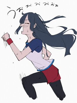 Rule 34 | 1girl, black hair, black pantyhose, blue sleeves, breasts, cropped legs, from side, highres, long hair, love live!, love live! nijigasaki high school idol club, masami atabe, medium breasts, open mouth, pantyhose, pantyhose under shorts, profile, raglan sleeves, red shorts, running, shirt, short sleeves, shorts, simple background, solo, white background, white shirt, yuki setsuna