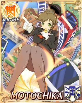 1girl black_pantyhose black_suit border bowler_hat breasts brown_hair card_(medium) conductor formal_clothes game_cg gloves green_eyes hair_tie hat high_heels high_ponytail jacket large_breasts long_hair midair motochika_(senran_kagura) neckerchief non-web_source official_alternate_costume official_art pantyhose pencil_skirt pink_neckerchief pointing ponytail ribbon senran_kagura senran_kagura_new_wave skirt solo suit suit_jacket train train_attendant train_conductor travel_attendant whistling white_gloves white_ribbon