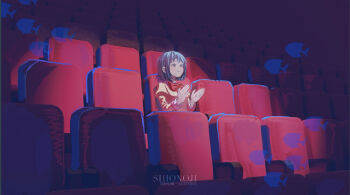 1girl blue_eyes blue_hair clapping closed_mouth collared_shirt commentary_request crying crying_with_eyes_open fish highres juliet_sleeves light_blush long_sleeves mahou_shoujo_madoka_magica mahou_shoujo_madoka_magica_(anime) miki_sayaka mitakihara_school_uniform puffy_sleeves red_ribbon ribbon school_uniform shionoji08 shirt short_hair solo spotlight tears theater white_shirt