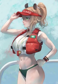 adjusting_clothes adjusting_headwear animal_ears artist_name bare_shoulders bikini bikini_top_under_shirt bikini_under_clothes black_bikini breasts brown_hair cowboy_shot cropped_shirt green_eyes hand_on_own_hip highres indie_virtual_youtuber large_breasts lifeguard nimi_nightmare nimi_nightmare_(lifeguard) rair red_vest see-through_clothes see-through_shirt shirt swimsuit tapir_ears tapir_girl twitter_username vest virtual_youtuber visor_cap whistle white_shirt