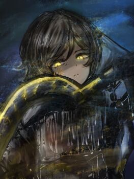 Rule 34 | 1girl, armor, black armor, brown hair, facial tattoo, glowing, glowing eyes, glowing weapon, highres, holding, holding weapon, khopesh, lca (identity) (project moon), limbus company, outis (project moon), project moon, solo, tattoo, weapon, yellow eyes