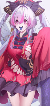 1girl @_@ absurdres adventure_(azur_lane) azur_lane blue_tongue breasts colored_tongue commentary_request dress groin hat highres kerla large_breasts long_hair midriff_peek multicolored_hair navel no_panties open_mouth pirate pirate_hat purple_eyes purple_hair purple_streaks red_dress ringed_eyes simple_background sleeves_past_fingers sleeves_past_wrists solo streaked_hair suction_cups tentacle_arm tentacles tongue tongue_out torn_clothes torn_dress two_side_up white_background white_hair