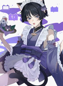 1boy ? alternate_costume animal_ear_fluff animal_ears apron baobei_mill belt black_belt black_bow black_hair black_shorts blunt_ends blush bow cat_boy cat_ears cat_hair_ornament cat_tail crossdressing crossdressing_(mtf) dango_milk_(genshin_impact) detached_sleeves eyelashes eyeliner eyeshadow frilled_apron frilled_sleeves frills genshin_impact gold_trim hair_intakes hair_ornament hands_up highres holding holding_tray japanese_clothes kimono leaf looking_at_viewer maid maid_apron maid_headdress makeup male_focus mandarin_collar open_mouth purple_eyes purple_kimono purple_rope purple_sash purple_sleeves red_eyeliner red_eyeshadow ribbon-trimmed_sleeves ribbon_trim rope sash scaramouche_(cat)_(genshin_impact) scaramouche_(genshin_impact) shorts solo spoken_question_mark tail tassel teeth tray upper_teeth_only wa_maid waist_apron wanderer_(genshin_impact) white_apron white_background white_headdress