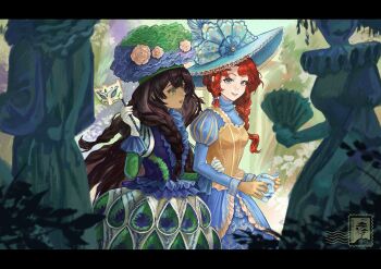 2girls :d alternate_costume artist_logo barcarola_(reverse:1999) blue_dress blue_eyes blue_hat blue_shirt braid brown_hair bush center_frills commentary dark-skinned_female dark_skin dress english_commentary fatutu frilled_skirt frills from_side gloves hat highres holding holding_another's_arm holding_mask juliet_sleeves letterboxed logo long_hair long_sleeves mask masquerade_mask multiple_girls open_mouth picture_hat procreate_(medium) puffy_sleeves red_hair reverse:1999 sandkessho shirt single_braid skirt smile statue unworn_mask upper_body very_long_hair white_gloves yellow_gloves