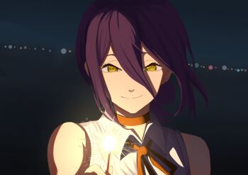 1girl black_choker black_ribbon chainsaw_man choker closed_mouth collared_shirt fireworks green_eyes hair_between_eyes hair_bun highres holding holding_fireworks looking_at_viewer mccheese neck_ribbon night outdoors purple_hair reze_(chainsaw_man) ribbon shirt sleeveless sleeveless_shirt smile solo sparkler white_shirt