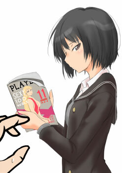 1girl amagami black_eyes black_hair blush magazine_(object) murasaki_iro nanasaki_ai playboy reading school_uniform short_hair solo_focus