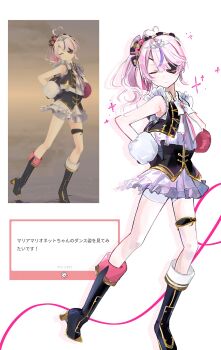 1girl ahoge armpits black_gloves bow closed_eyes closed_mouth dancing derivative_work frilled_skirt frills full_body gloves hair_bow heart heart_ahoge highres maria_marionette marshmallow_(site) multicolored_hair nijisanji nijisanji_en nijisanji_idol_uniform pink_hair purple_hair re_pu24 reference_inset screenshot_redraw shorts shorts_under_skirt side_ponytail skirt solo sparkle streaked_hair thigh_strap tiara virtual_youtuber