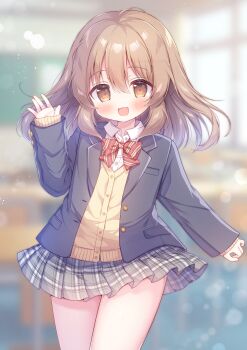 Rule 34 | 1boy, :d, anonymous crossdresser, black jacket, blazer, blurry, blurry background, blush, bow, bowtie, brown eyes, brown hair, cardigan, classroom, collared shirt, commentary request, commission, crossdressing, crossdressing (mtf), diagonal-striped bow, diagonal-striped bowtie, diagonal-striped clothes, hanasakichu, hand up, highres, indoors, jacket, layered sleeves, long hair, long sleeves, looking at viewer, male focus, miniskirt, open mouth, original, plaid clothes, plaid skirt, pleated skirt, red bow, red bowtie, school uniform, shirt, skeb commission, skirt, smile, solo, striped bow, striped bowtie, striped clothes, trap, variant set, waving, white shirt, yellow cardigan