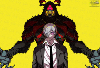 1boy arthropod_boy black_suit business_suit disguise extra_eyes fangs formal_clothes glowing glowing_eye glowing_eyes grey_hair hair_over_one_eye horns jacket kamen_rider kumo_otoko kuzumochi_ruu long_hair monster muscular necktie pant_suit pants sharp_teeth shocker_(kamen_rider) simple_background spider_boy suit suit_jacket teeth toujima_tanzaburou_wa_kamen_rider_ni_naritai yellow_background