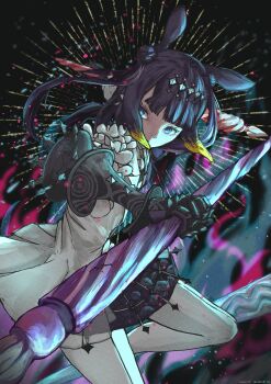 1girl absurdres black_skirt blonde_hair blue_eyes blunt_bangs center-flap_bangs closed_mouth commentary crinoline diamond_hairband double_bun dress dress_flower dual_wielding english_commentary flower foreshortening gauntlets grey_hairband hair_bun hairband highres holding hololive hololive_english kawa_018 looking_at_viewer looking_to_the_side multicolored_hair ninomae_ina&#039;nis ninomae_ina&#039;nis_(ina_the_hero) polearm purple_hair single_gauntlet skirt solo spear standing standing_on_one_leg tentacle_hair thighhighs turning_head twintails_with_hair_base two-tone_hair virtual_youtuber weapon white_dress white_thighhighs