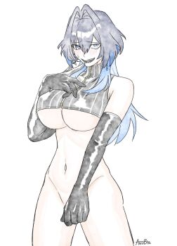 Rule 34 | 1girl, bare shoulders, biscuitaart, black thighhighs, blue eyes, blue hair, blush, breasts, cleavage, cowboy shot, elbow gloves, gloves, grin, hair between eyes, hair intakes, highres, hololive, hololive english, huge breasts, jewelry, looking at viewer, medium hair, multicolored hair, navel, ouro kronii, ouro kronii (1st costume), signature, simple background, skirt, smile, solo, teeth, thighhighs, two-tone hair, underboob, upper body, virtual youtuber, white background, zipper