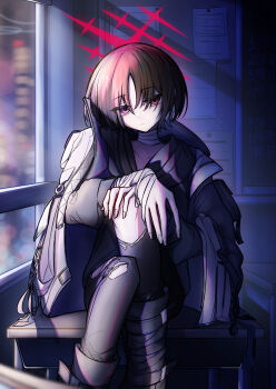 1girl absurdres bandage_on_neck bandaged_wrist bandages black_boots black_hoodie black_pants blue_archive blurry bokeh boots brown_hair chalkboard city_lights classroom commentary_request crossed_hands crossed_legs depth_of_field desk fingernails halo head_tilt highres hood hoodie indoors jacket jacket_on_shoulders jitome kishi_zero_1 looking_at_viewer misaki_(blue_archive) night on_desk pants red_eyes red_halo school_desk short_hair sitting solo torn_clothes torn_pants white_jacket window window_light
