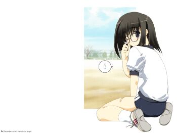 Rule 34 | 1girl, artist request, aruruw to asobo!!, bandaid, bandaid on leg, black hair, blue eyes, brown-framed eyewear, buruma, fence, from behind, glasses, gym uniform, hand on own face, kurihara touko, looking at viewer, looking back, medium hair, non-web source, official art, one eye closed, photoshop (medium), puffy short sleeves, puffy sleeves, round eyewear, shoes, short sleeves, sitting, sneakers, socks, solo, speech bubble, spoken sweatdrop, sweatdrop, tareme, tearing up, tears, tenshi no inai 12-gatsu, tree, wariza, white socks, wiping tears