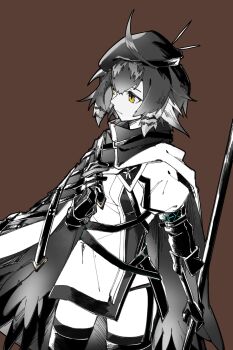 1girl arknights beret brown_background cape chinese_commentary closed_mouth commentary_request cowboy_shot dress gloves hair_between_eyes hat highres holding infection_monitor_(arknights) looking_ahead partially_colored piaoliu_ping_ping_ping_pingzi plume_(arknights) short_dress short_hair simple_background solo standing thighhighs yellow_eyes