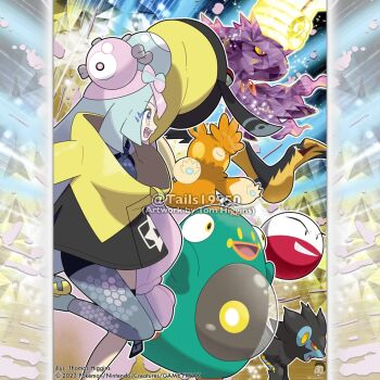 1girl artist_name bellibolt bird blue_hair bow-shaped_hair character_hair_ornament closed_eyes closed_mouth coat colored_sclera commentary company_name copyright_notice electrode_(pokemon) english_commentary eyelashes from_side gen_1_pokemon gen_4_pokemon grin hair_ornament instagram_username iono_(pokemon) kilowattrel long_hair luxray magnemite merchandise_available mismagius multicolored_hair nintendo official_style open_mouth outline oversized_clothes pawmot pink_hair pokemon pokemon_(creature) pokemon_sv red_eyes red_sclera sharp_teeth smile standing standing_on_one_leg teeth terastallization tom_higgins two-tone_hair upper_teeth_only watermark white_outline yellow_coat yellow_eyes yellow_pupils yellow_sclera