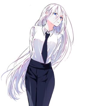 1girl absurdres arms_behind_back black_necktie black_pants blue_eyes breasts chainsaw_man collared_shirt commentary_request cosplay cowboy_shot dress_shirt expressionless hair_between_eyes high-waist_pants highres korean_commentary kusunoki_tomori leaning_to_the_side long_hair long_sleeves looking_at_viewer luka120714 makima_(chainsaw_man) makima_(chainsaw_man)_(cosplay) medium_breasts necktie pants parted_lips project_sekai shirt shirt_tucked_in sidelocks simple_background solo standing very_long_hair voice_actor_connection white_background white_hair white_shirt yoisaki_kanade