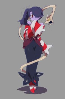 Rule 34 | 1girl, anger vein, blue hair, colored skin, covering own mouth, detached collar, detached sleeves, facing viewer, full body, hair over one eye, leviathan (skullgirls), long sleeves, purple skin, red eyes, skullgirls, socialllinks, socks, solo, squigly (skullgirls), standing, striped clothes, striped sleeves, striped socks, tiptoes, wide sleeves, zombie