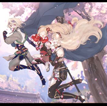 Rule 34 | 1boy, 2girls, blonde hair, blue headband, breasts, elise (fire emblem), elise (ninja) (fire emblem), female corrin (fire emblem), female corrin (ninja) (fire emblem), fire emblem, fire emblem fates, fire emblem heroes, grey hair, grey kimono, headband, highres, japanese clothes, kimono, male corrin (fire emblem), male corrin (ninja) (fire emblem), medium breasts, multiple girls, ninja, nintendo, official alternate costume, outdoors, red eyes, sasaki (dkenpisss), small breasts, thighs