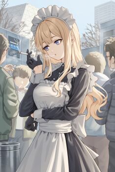 Rule 34 | 1girl, absurdres, apron, black dress, black gloves, blonde hair, cigarette, commentary request, double-parted bangs, dress, frilled apron, frills, gloves, highres, long hair, long sleeves, maid, maid apron, maid headdress, multiple others, original, people, purple eyes, sidelocks, simoumi 217, smoke, smoking, tobacco, white apron, wrist cuffs