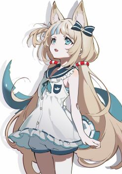1girl animal_ears blue_bow blue_sailor_collar blunt_bangs bow cat_ears collar cowboy_shot dress drop_shadow fins fish_tail frilled_collar frilled_dress frills hair_between_eyes hair_bow hatsutahaku highres indie_virtual_youtuber long_hair looking_up multicolored_hair sailor_collar sameko_saba shorts simple_background solo streaked_hair striped_bow tail twintails very_long_hair virtual_youtuber white_dress white_shorts